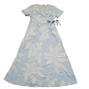 Happy Earth Midi Dress Faux Wrap Blue White Floral Organic Cotton Pockets Large
